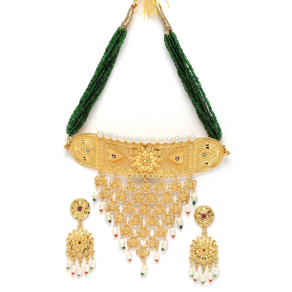 Gold-Plated Green & White Kundan Studded & Beaded Choker Meenakari Necklace with Earrings Jewellery Set
