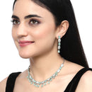 Rhodium-Plated Sea Green American Diamond Studded Intriguing Necklace & Earrings Jewellery Set