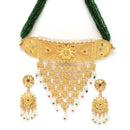 Gold-Plated Green & White Kundan Studded & Beaded Choker Meenakari Necklace with Earrings Jewellery Set