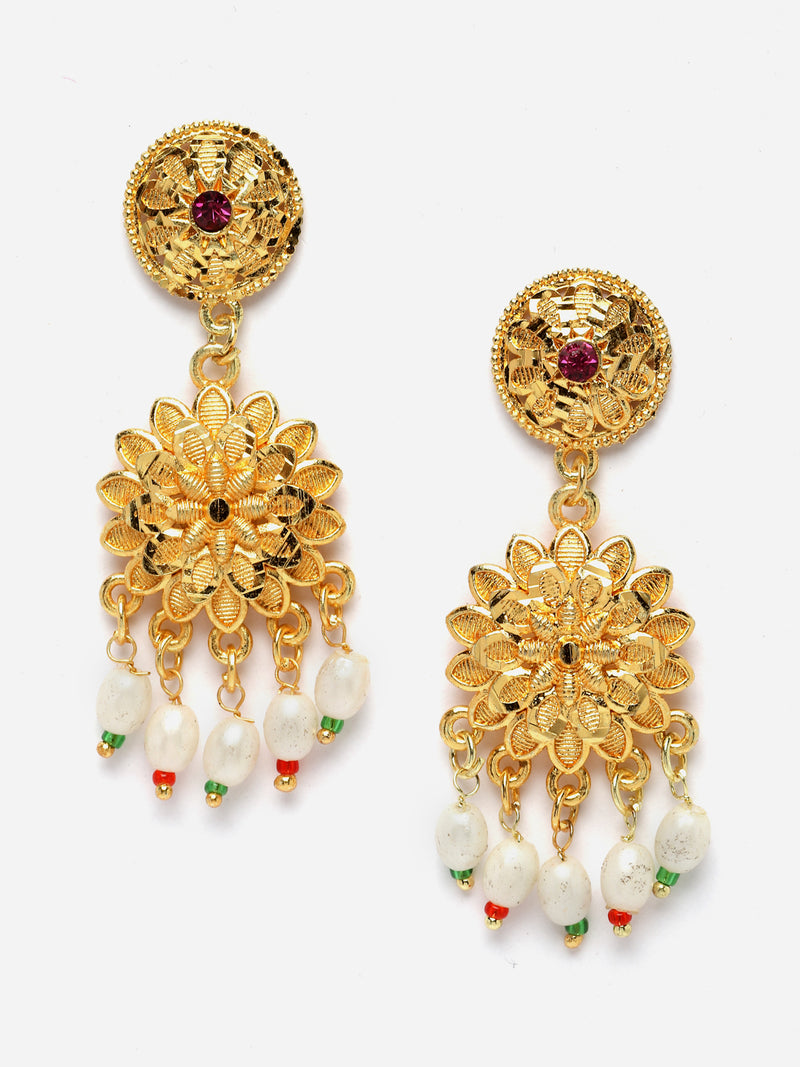 Gold-Plated Green & White Kundan Studded & Beaded Choker Meenakari Necklace with Earrings Jewellery Set