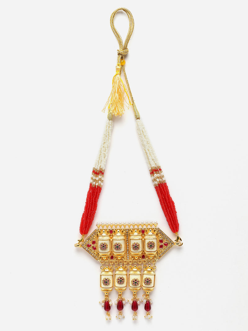 Gold-Plated Red & White Kundan Studded & Beaded Choker Meenakari Necklace