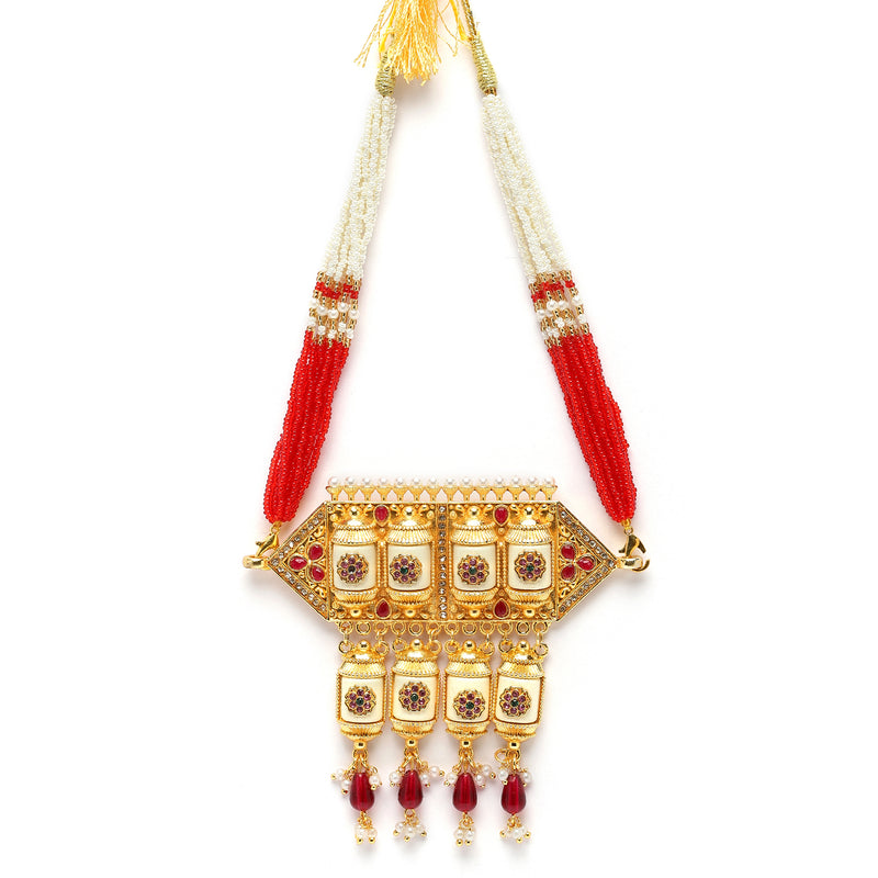 Gold-Plated Red & White Kundan Studded & Beaded Choker Meenakari Necklace