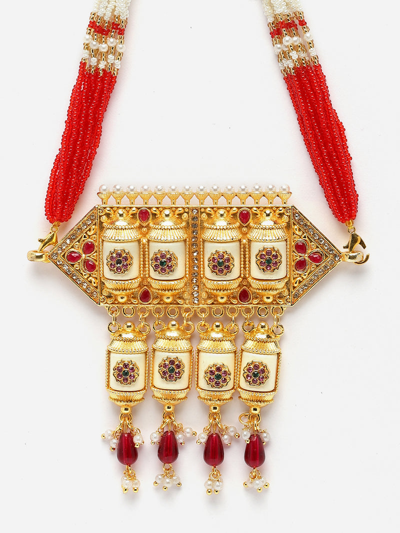 Gold-Plated Red & White Kundan Studded & Beaded Choker Meenakari Necklace