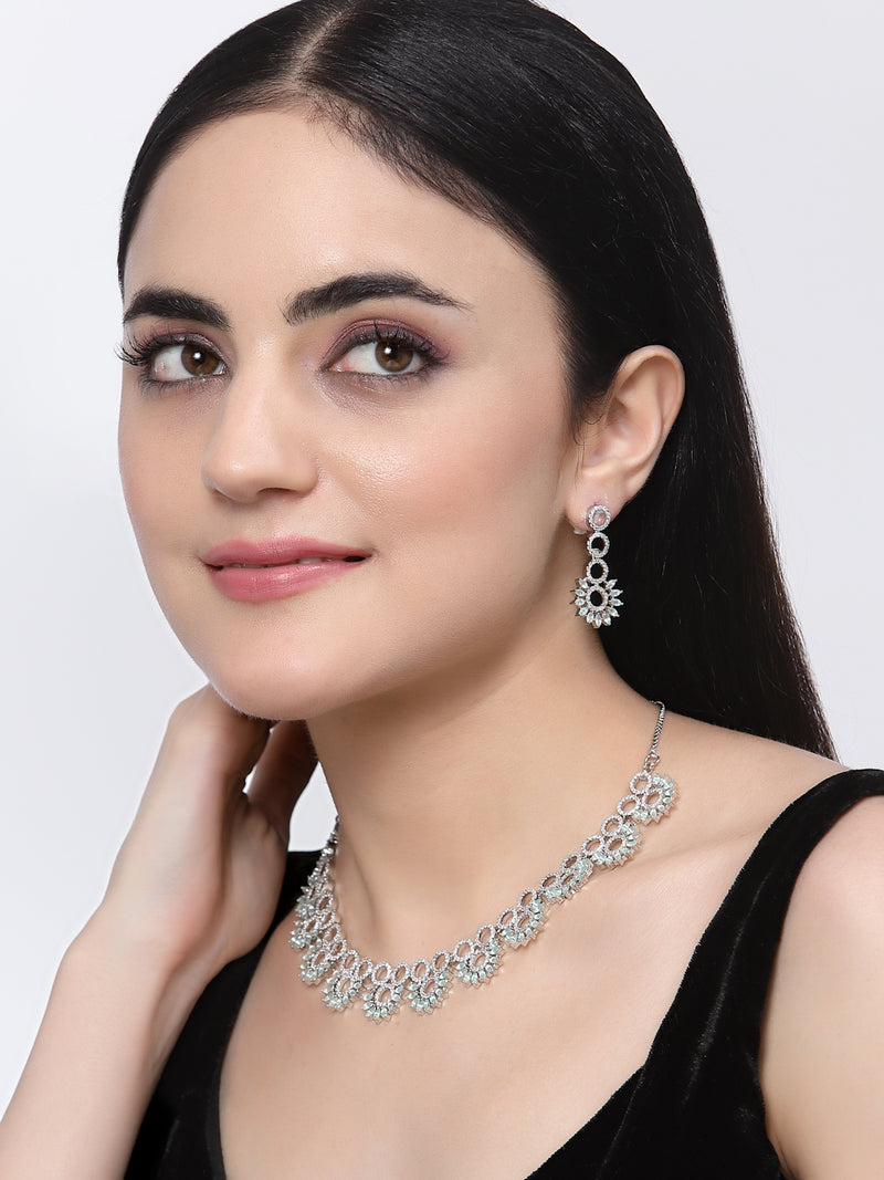 Rhodium-Plated Sea Green American Diamond Studded Classic Necklace with Earrings Jewellery Set