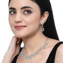 Rhodium-Plated Sea Green American Diamond Studded Classic Necklace with Earrings Jewellery Set