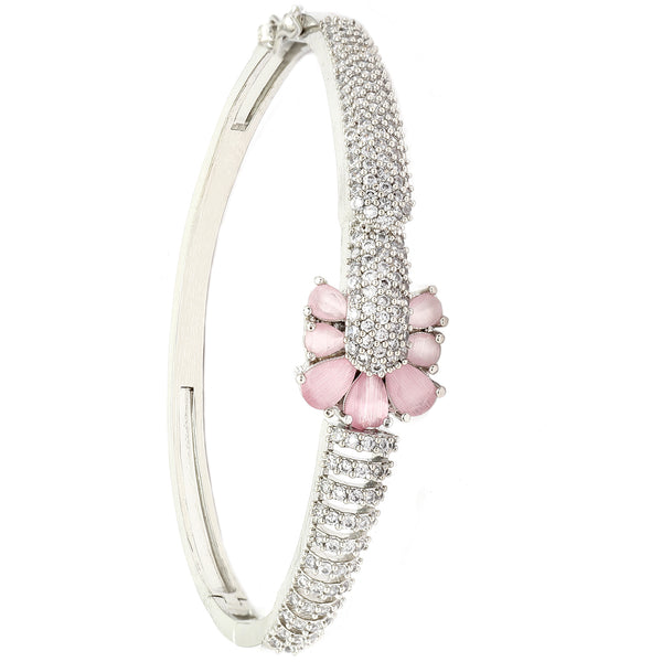 Rhodium-Plated Silver Toned Petal Shaped Pink American Diamond Studded Bracelet