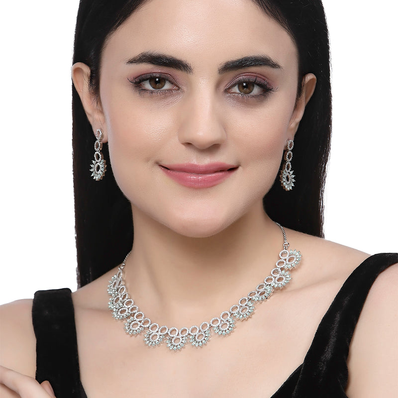 Rhodium-Plated Sea Green American Diamond Studded Classic Necklace with Earrings Jewellery Set