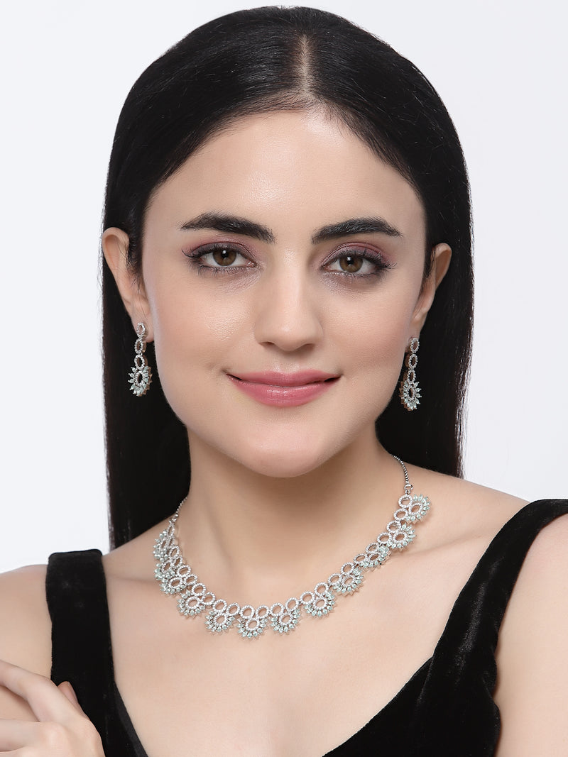 Rhodium-Plated Sea Green American Diamond Studded Classic Necklace with Earrings Jewellery Set