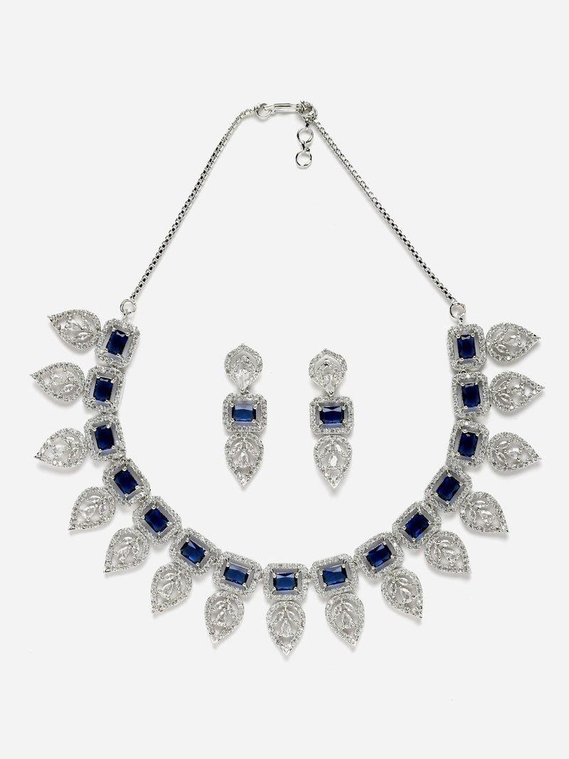 Rhodium-Plated Navy Blue American Diamond Studded Leaf Shaped Necklace with Earring Jewellery Set