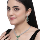 Rhodium-Plated Green American Diamond Studded Star & Leaf Shaped Necklace With Earrings Set