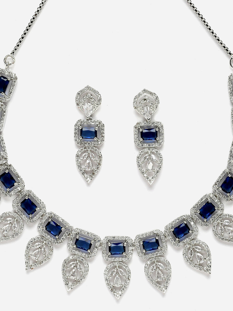 Rhodium-Plated Navy Blue American Diamond Studded Leaf Shaped Necklace with Earring Jewellery Set