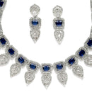 Rhodium-Plated Navy Blue American Diamond Studded Leaf Shaped Necklace with Earring Jewellery Set