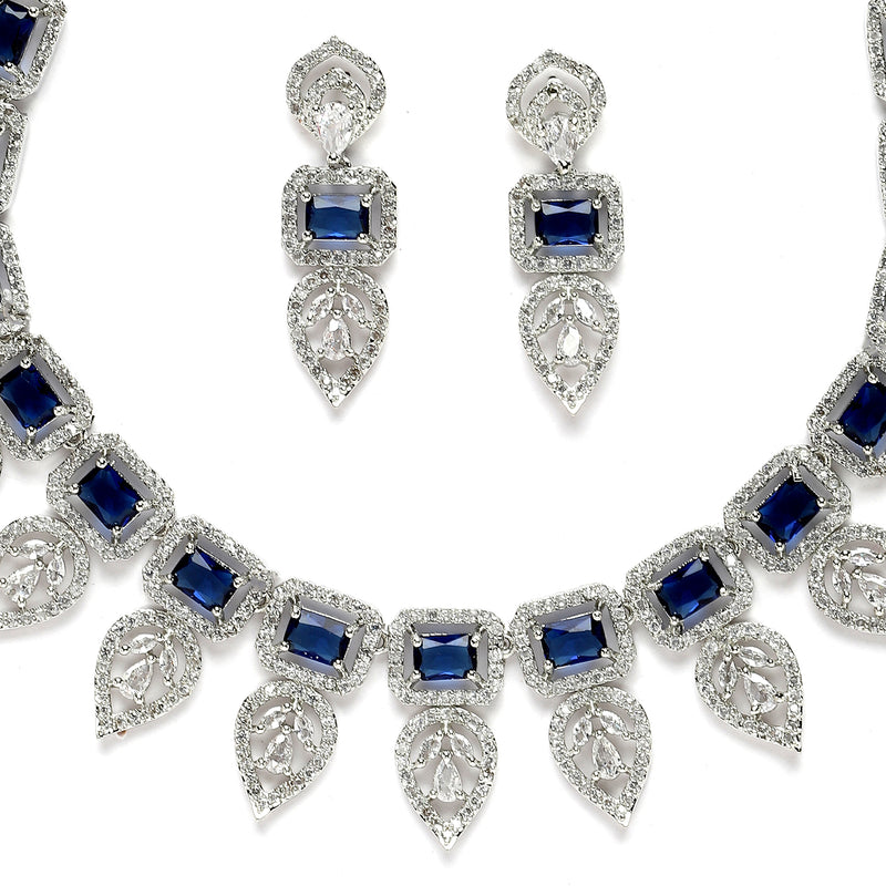 Rhodium-Plated Navy Blue American Diamond Studded Leaf Shaped Necklace with Earring Jewellery Set