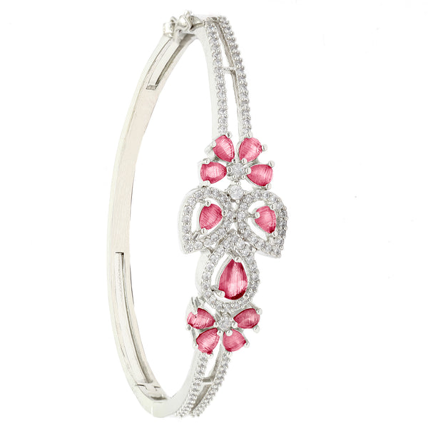 Rhodium-Plated Silver Toned Leaf Shaped Red American Diamond Studded Bracelet