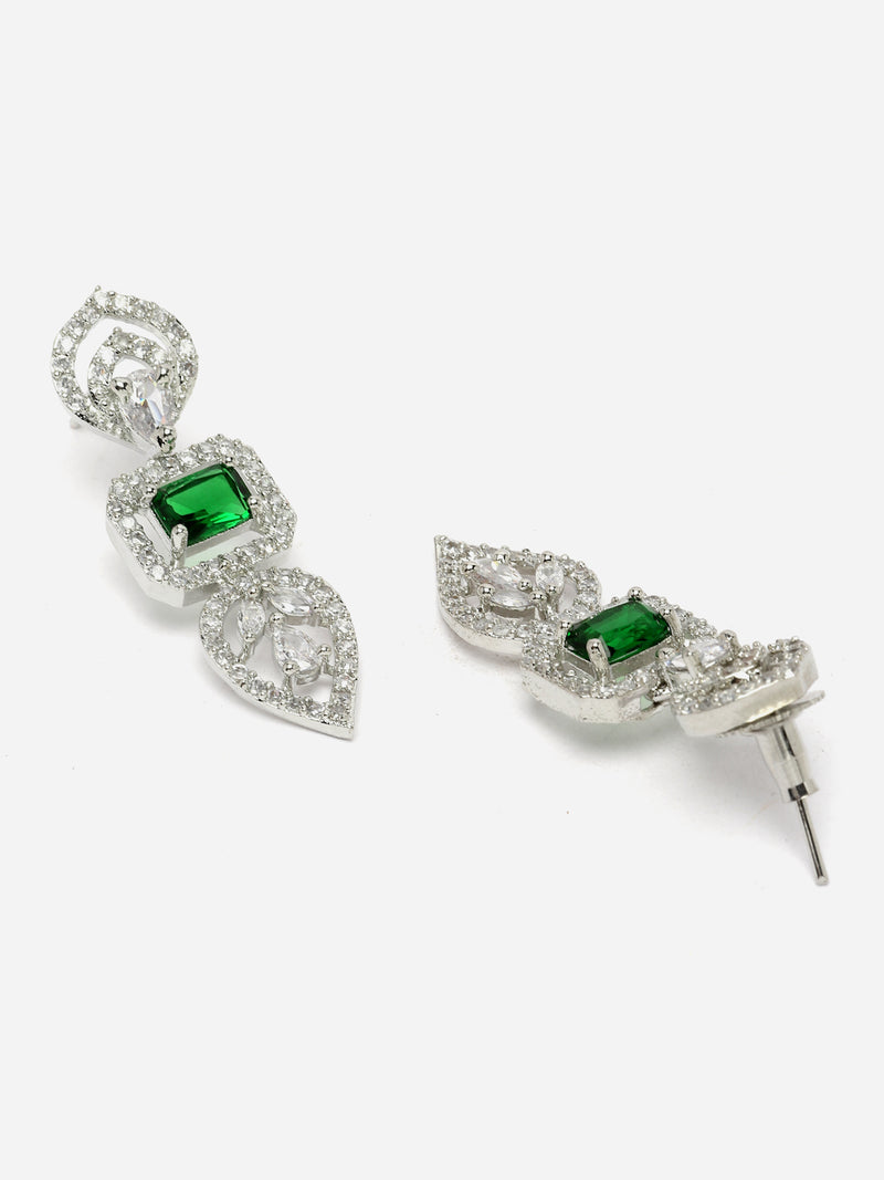 Rhodium-Plated Green American Diamond Studded Leaf Shaped Necklace with Earrings Jewellery Set