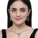 Rhodium-Plated Green American Diamond Studded Star & Leaf Shaped Necklace With Earrings Set