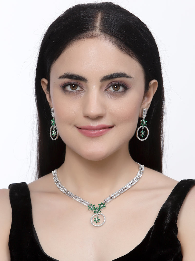 Rhodium-Plated Green American Diamond Studded Star & Leaf Shaped Necklace With Earrings Set