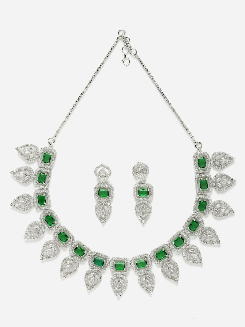 Rhodium-Plated Green American Diamond Studded Leaf Shaped Necklace with Earrings Jewellery Set