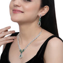 Rhodium-Plated Green American Diamond Studded Teardrop & Floral Shaped Jewellery Set