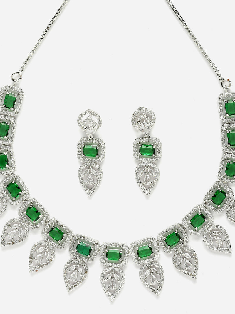 Rhodium-Plated Green American Diamond Studded Leaf Shaped Necklace with Earrings Jewellery Set