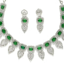 Rhodium-Plated Green American Diamond Studded Leaf Shaped Necklace with Earrings Jewellery Set