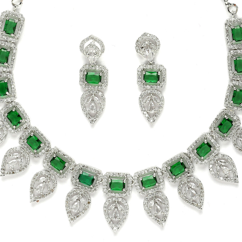 Rhodium-Plated Green American Diamond Studded Leaf Shaped Necklace with Earrings Jewellery Set