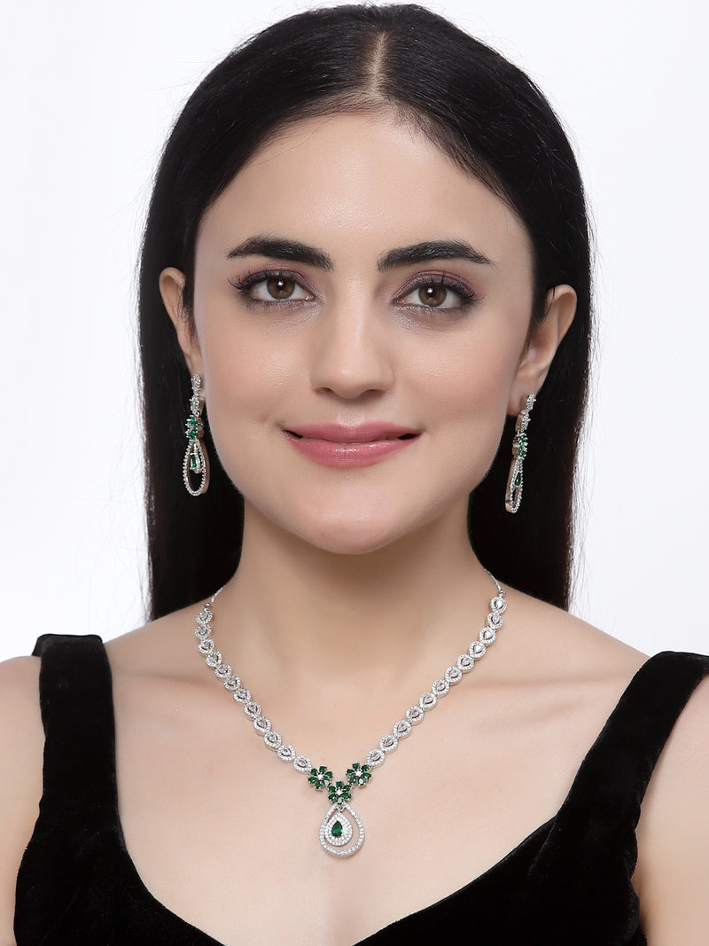 Rhodium-Plated Green American Diamond Studded Teardrop & Floral Shaped Jewellery Set