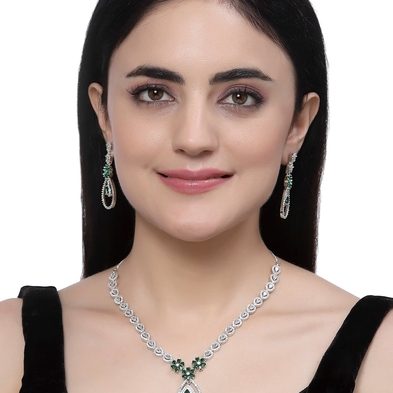 Rhodium-Plated Green American Diamond Studded Teardrop & Floral Shaped Jewellery Set