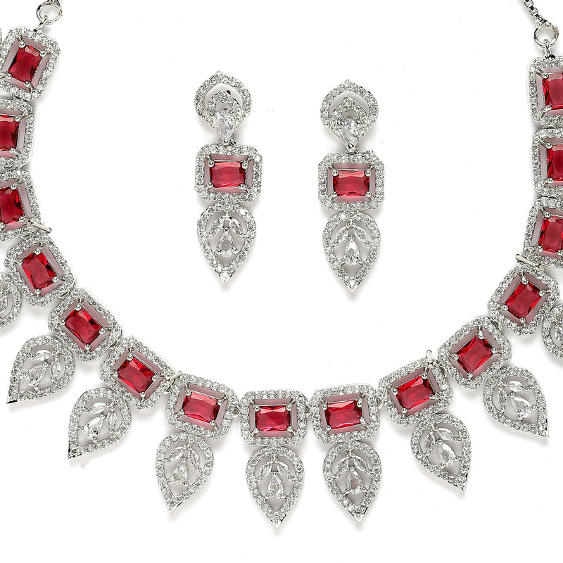 Rhodium-Plated Red American Diamond Studded Leaf Shaped Necklace with Earrings Jewellery Set