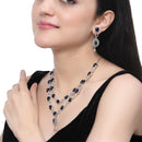 Rhodium-Plated Navy Blue American Diamond Studded Abstract Necklace & Earrings Jewellery Set