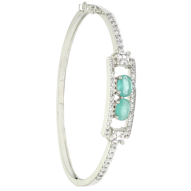 Rhodium-Plated Silver Toned Sea Green American Diamond Studded Kada Bracelet