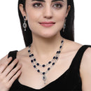 Rhodium-Plated Navy Blue American Diamond Studded Abstract Necklace & Earrings Jewellery Set