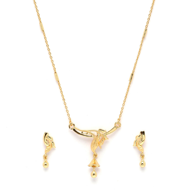 Gold-Plated Leafy Design Mangalsutra with Earrings