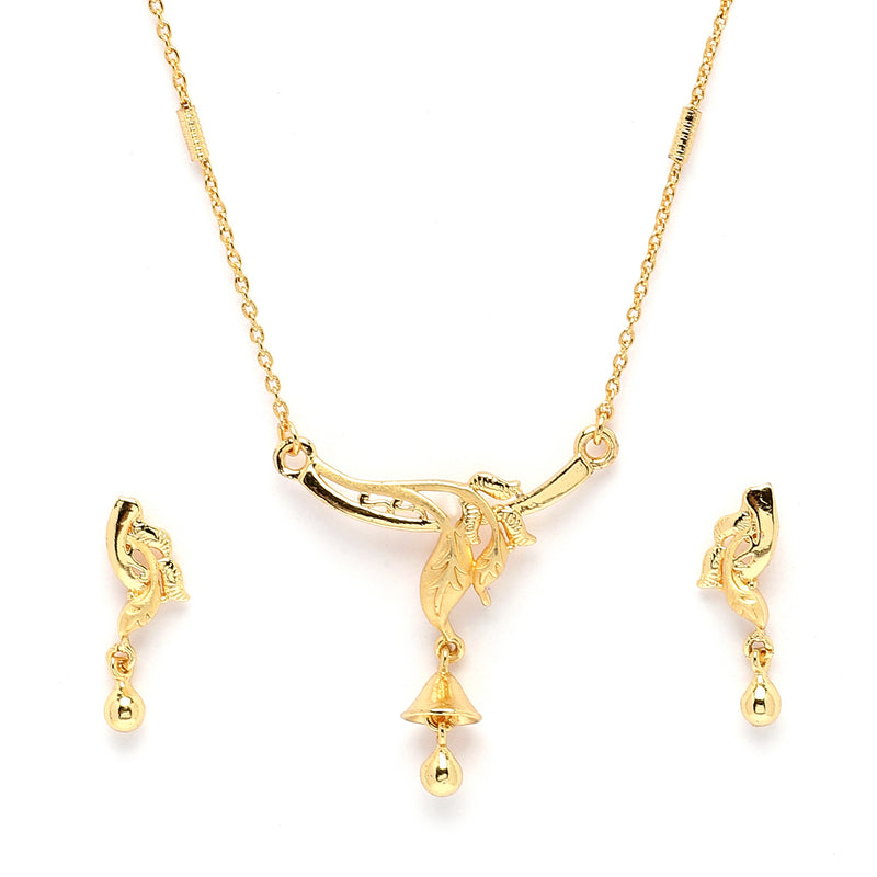 Gold-Plated Leafy Design Mangalsutra with Earrings
