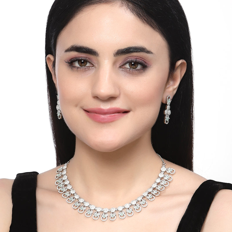 Rhodium-Plated Sea Green American Diamonds Studded Voguish Necklace & Earrings Jewellery Set