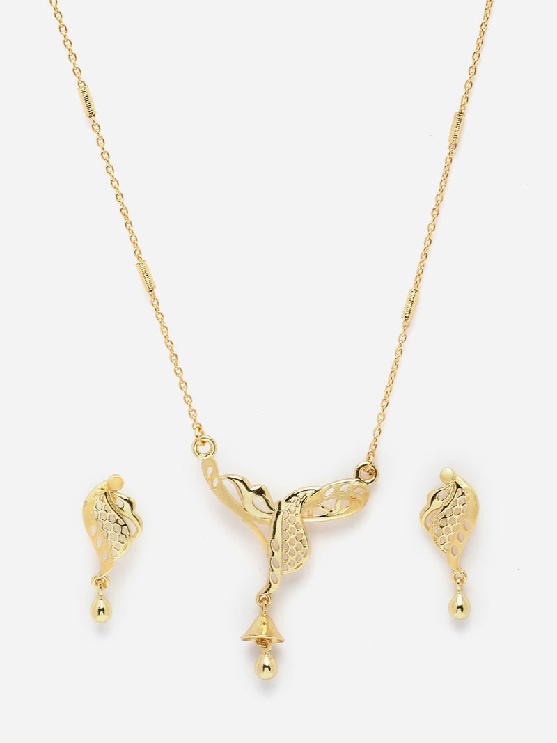 Gold-Plated Reticulated Leafy Design Mangalsutra with Earrings