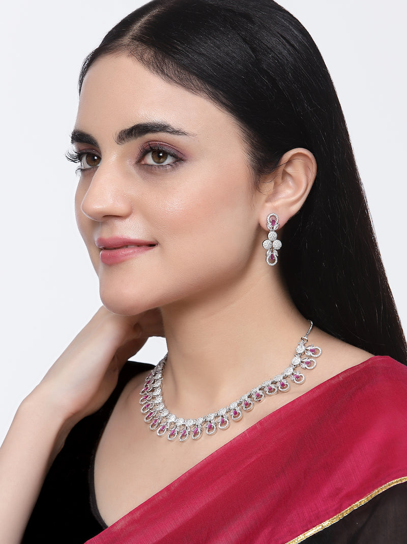 Rhodium-Plated Red American Diamonds Studded Voguish Necklace & Earrings Jewellery Set