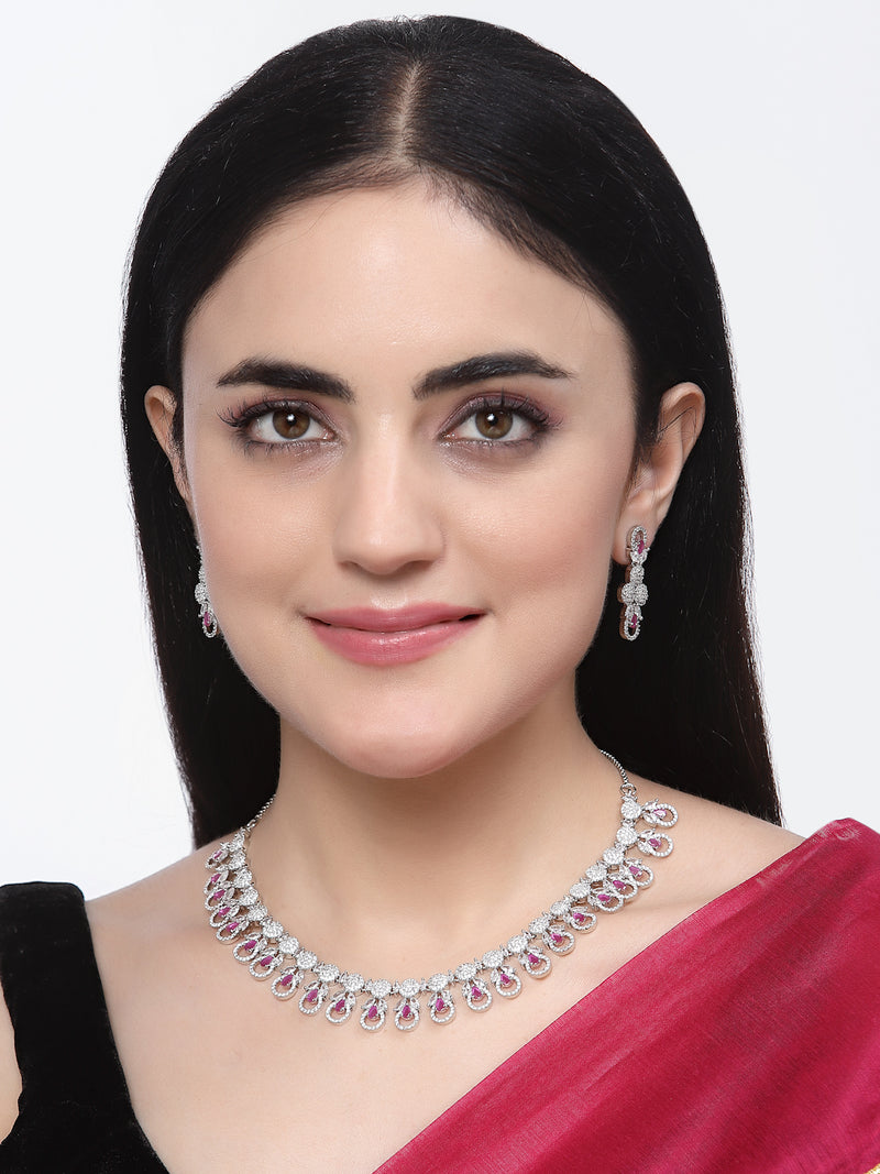 Rhodium-Plated Red American Diamonds Studded Voguish Necklace & Earrings Jewellery Set