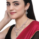 Rhodium-Plated Pink American Diamond Studded Abstract Necklace & Earrings Jewellery Set