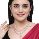 Rhodium-Plated Pink American Diamond Studded Abstract Necklace & Earrings Jewellery Set