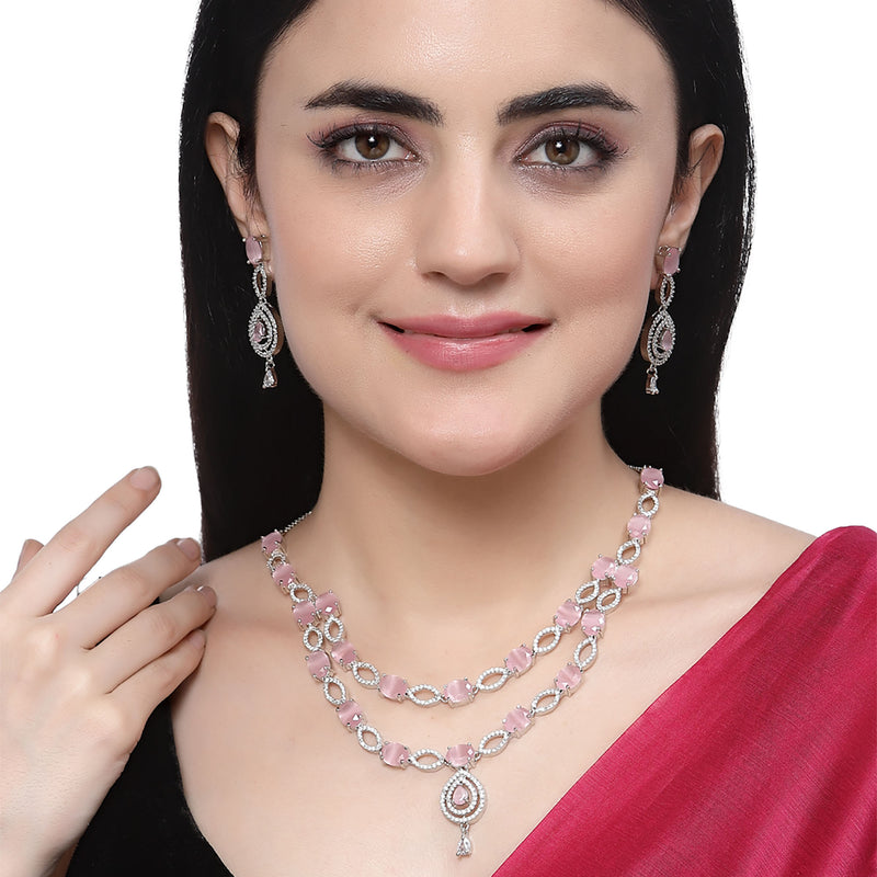Rhodium-Plated Pink American Diamond Studded Abstract Necklace & Earrings Jewellery Set