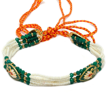 Gold-Plated White & Green Kundan Pearl Studded Matha Patti