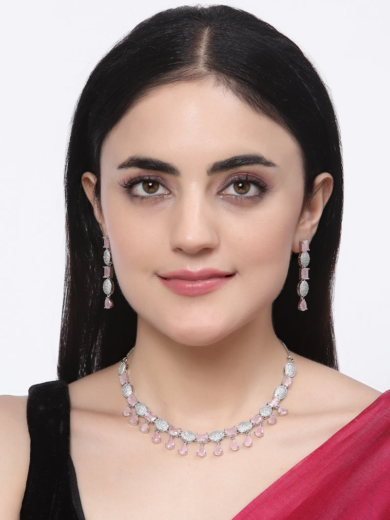 Rhodium-Plated Pink American Diamond Studded Intriguing Necklace & Earrings Jewellery Set