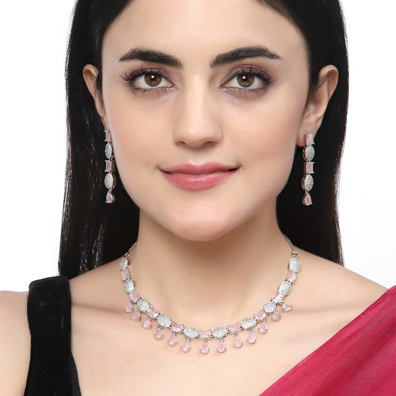 Rhodium-Plated Pink American Diamond Studded Intriguing Necklace & Earrings Jewellery Set