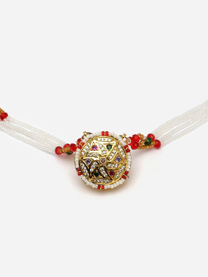 Gold-Plated Multi-Colour Artificial Stones and Beads studded Borla Style Matha Patti