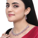 Rhodium-Plated Magenta American Diamond Studded Classic Necklace with Earrings Jewellery Set