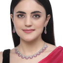 Rhodium-Plated Magenta American Diamond Studded Classic Necklace with Earrings Jewellery Set