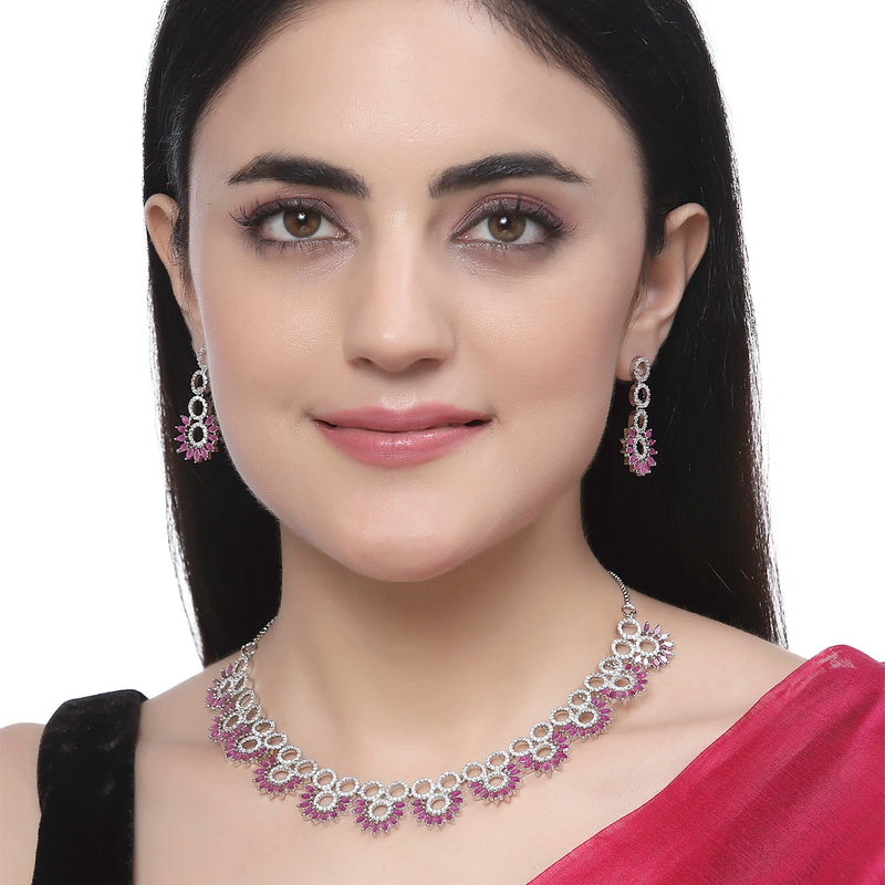 Rhodium-Plated Magenta American Diamond Studded Classic Necklace with Earrings Jewellery Set