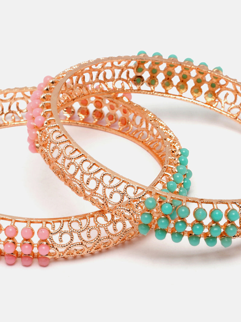 Set Of 2 Rose Gold-Plated Pink and Green Pearls studded Paisley Textured Handcrafted Bangles