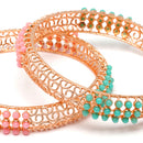 Set Of 2 Rose Gold-Plated Pink and Green Pearls studded Paisley Textured Handcrafted Bangles